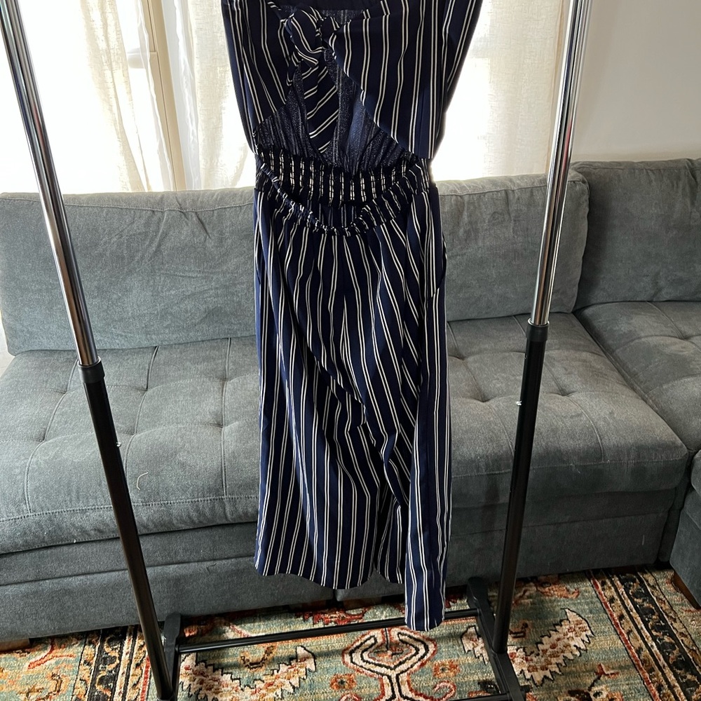 Lulus Saltwater and Sun Navy Blue Striped Strapless Midi Jumpsuit - Picture 2 of 8